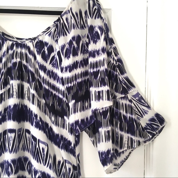 Parker Ikat Tie Dye Silk Dress with Flutter Sleeves in Blue and White Medium M - Picture 7 of 9